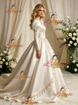Ivory Satin Long Sleeve Beading Wedding Dress
