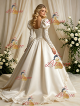 Ivory Satin Long Sleeve Beading Wedding Dress
