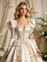 Ivory Satin Long Sleeve Beading Wedding Dress
