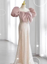 Pink Sequins Puff Sleeve Bow Prom Dress