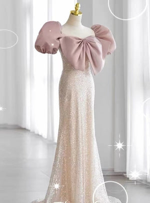 Pink Sequins Puff Sleeve Bow Prom Dress