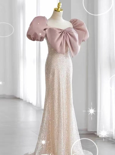 Pink Sequins Puff Sleeve Bow Prom Dress