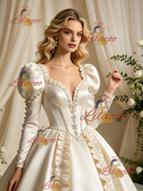 Ivory Satin Long Sleeve Beading Wedding Dress