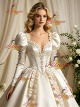 Ivory Satin Long Sleeve Beading Wedding Dress