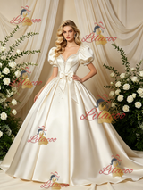 Ivory Satin Puff Sleeve Beading Wedding Dress