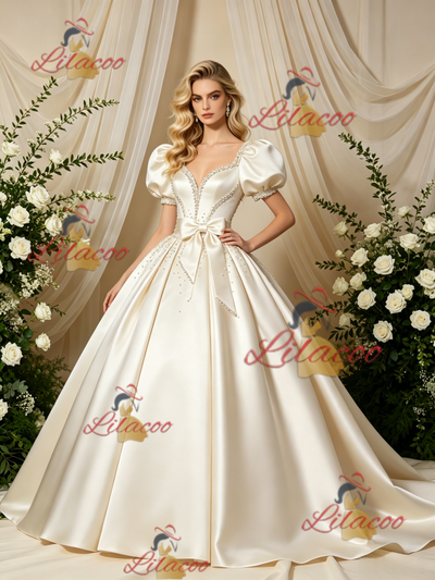 Ivory Satin Puff Sleeve Beading Wedding Dress
