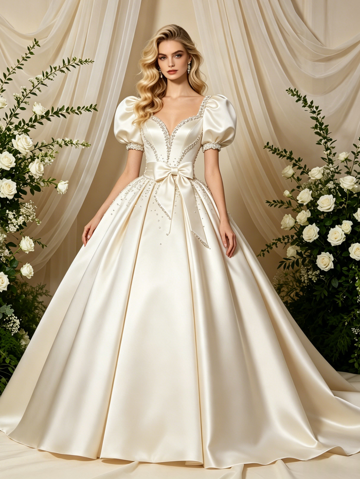 Ivory Satin Puff Sleeve Beading Wedding Dress