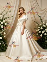 Ivory Satin Puff Sleeve Beading Wedding Dress