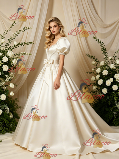 Ivory Satin Puff Sleeve Beading Wedding Dress