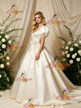 Ivory Satin Puff Sleeve Beading Wedding Dress