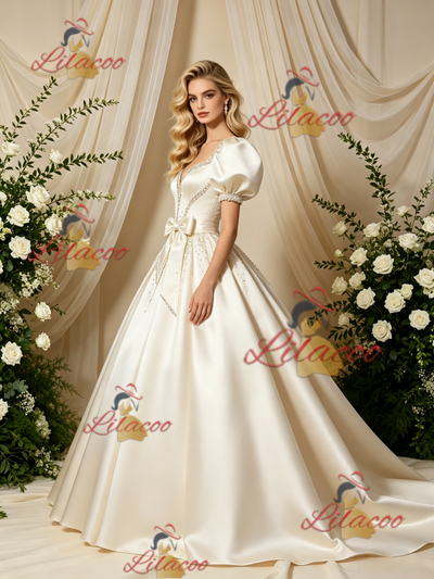 Ivory Satin Puff Sleeve Beading Wedding Dress