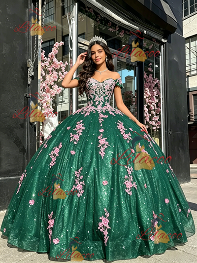 Green Tulle Off the Shoulder Appliques Quinceanera Dress