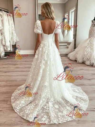 White Tulle Lace Puff Sleeve Wedding Dress