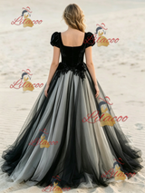 Black Tulle Puff Sleeve Appliques Wedding Dress