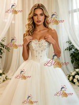 White Tulle Strapless Beading Wedding Dress