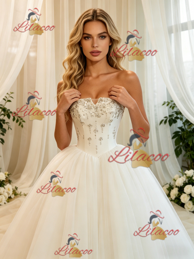 White Tulle Strapless Beading Wedding Dress