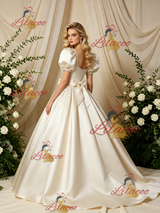 Ivory Satin Puff Sleeve Beading Wedding Dress
