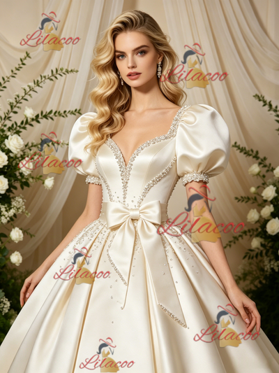 Ivory Satin Puff Sleeve Beading Wedding Dress