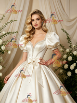 Ivory Satin Puff Sleeve Beading Wedding Dress