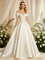 Ivory Satin Off the Shoulder Pleats Wedding Dress