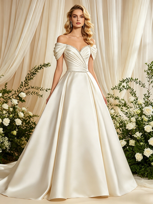 Ivory Satin Off the Shoulder Pleats Wedding Dress
