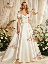 Ivory Satin Off the Shoulder Pleats Wedding Dress