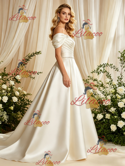 Ivory Satin Off the Shoulder Pleats Wedding Dress