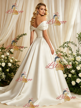 Ivory Satin Off the Shoulder Pleats Wedding Dress