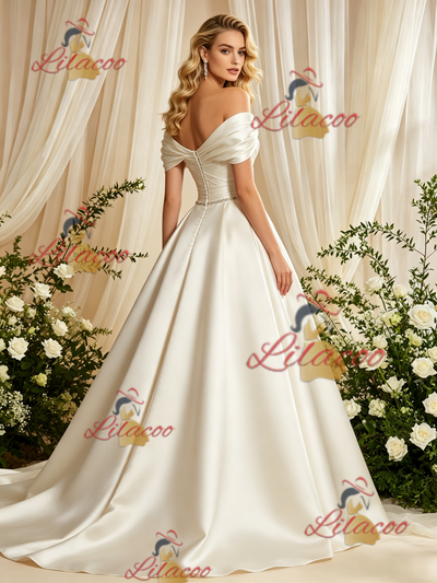Ivory Satin Off the Shoulder Pleats Wedding Dress