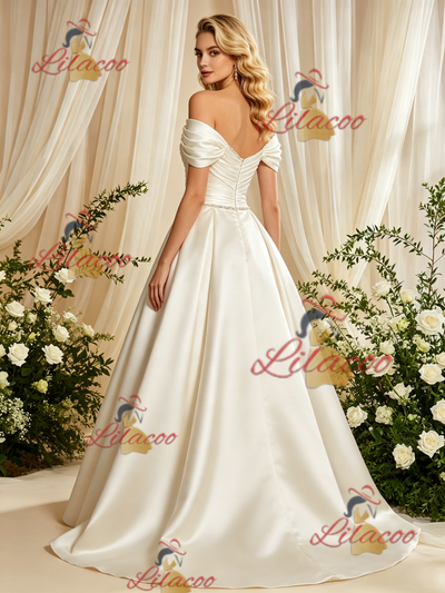 Ivory Satin Off the Shoulder Pleats Wedding Dress