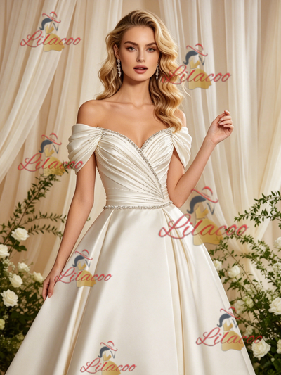 Ivory Satin Off the Shoulder Pleats Wedding Dress