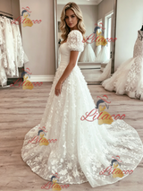 White Tulle Lace Puff Sleeve Wedding Dress