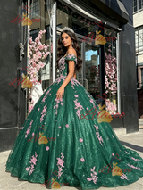 Green Tulle Off the Shoulder Appliques Quinceanera Dress
