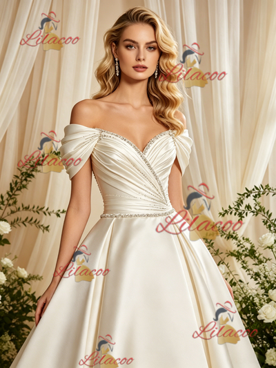 Ivory Satin Off the Shoulder Pleats Wedding Dress