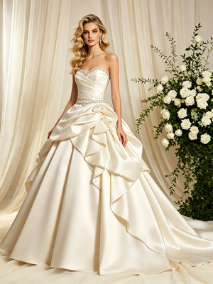 Ivory Satin Strapless Beading Wedding Dress