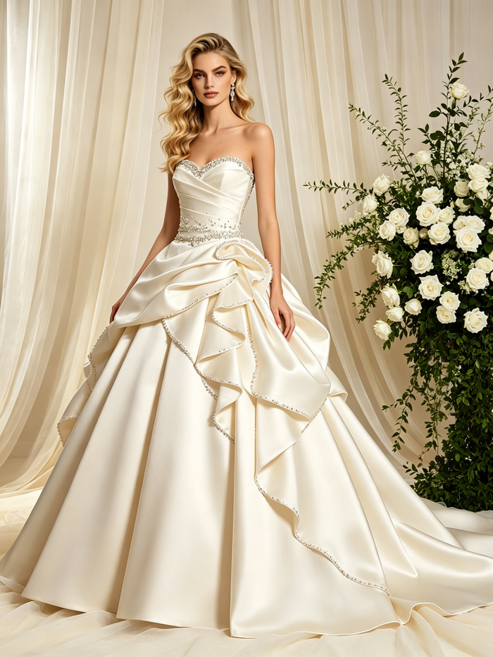 Ivory Satin Strapless Beading Wedding Dress