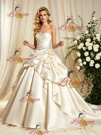 Ivory Satin Strapless Beading Wedding Dress