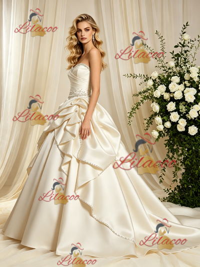 Ivory Satin Strapless Beading Wedding Dress