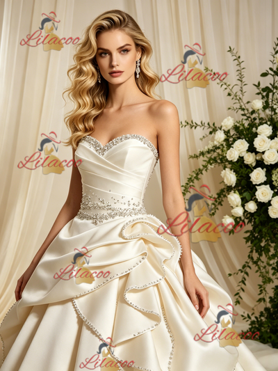 Ivory Satin Strapless Beading Wedding Dress