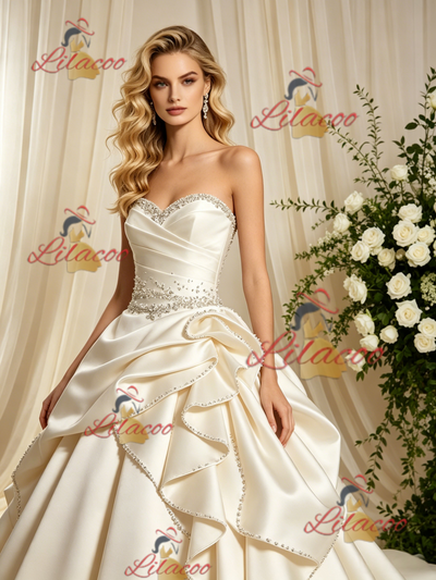 Ivory Satin Strapless Beading Wedding Dress