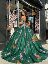 Green Tulle Off the Shoulder Appliques Quinceanera Dress