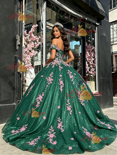Green Tulle Off the Shoulder Appliques Quinceanera Dress