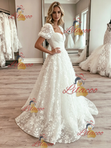 White Tulle Lace Puff Sleeve Wedding Dress