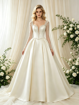 Ivory Satin Long Sleeve Beading Wedding Dress