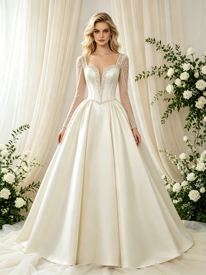 Ivory Satin Long Sleeve Beading Wedding Dress