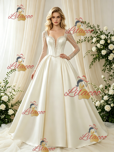 Ivory Satin Long Sleeve Beading Wedding Dress