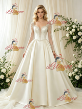 Ivory Satin Long Sleeve Beading Wedding Dress