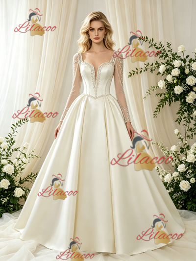 Ivory Satin Long Sleeve Beading Wedding Dress