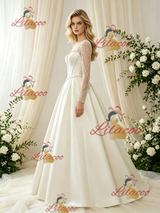 Ivory Satin Long Sleeve Beading Wedding Dress