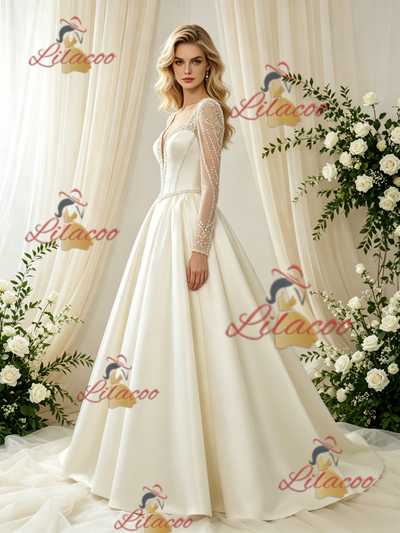 Ivory Satin Long Sleeve Beading Wedding Dress